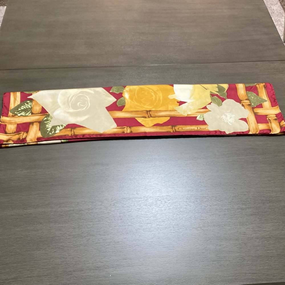 Vintage Dior Burgundy + Flower Pattern Silk Scarf - Picture 4 of 6